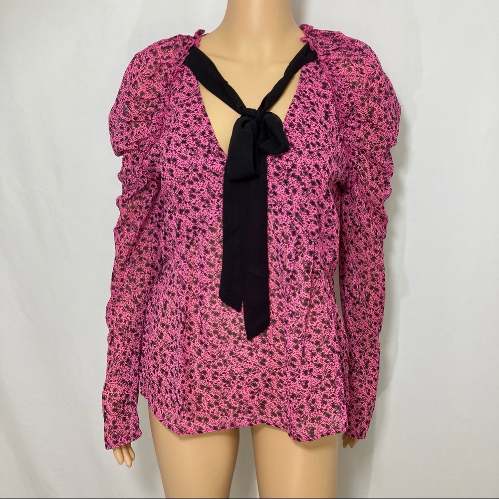 NWT Topshop Prairie Tie Neck Bow Blouse Black & Pink Sz 6